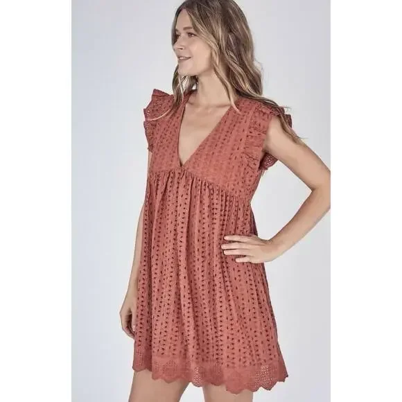 Mustard Seed Rust Eyelet Romper Dress Women’s S Terracotta Ruffle Boho Playsuit - Picture 1 of 16